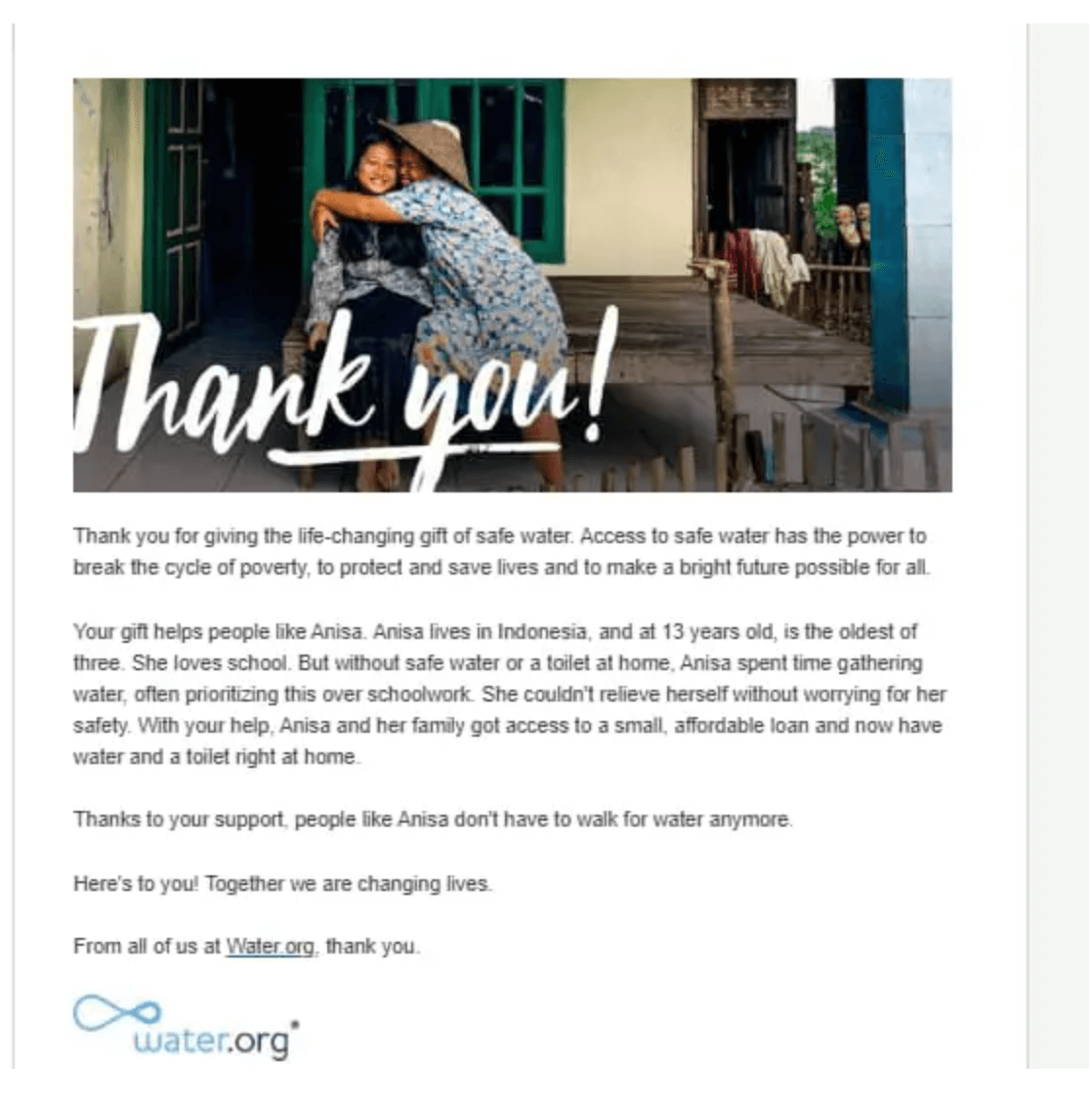 thank you for your donation letter water.org